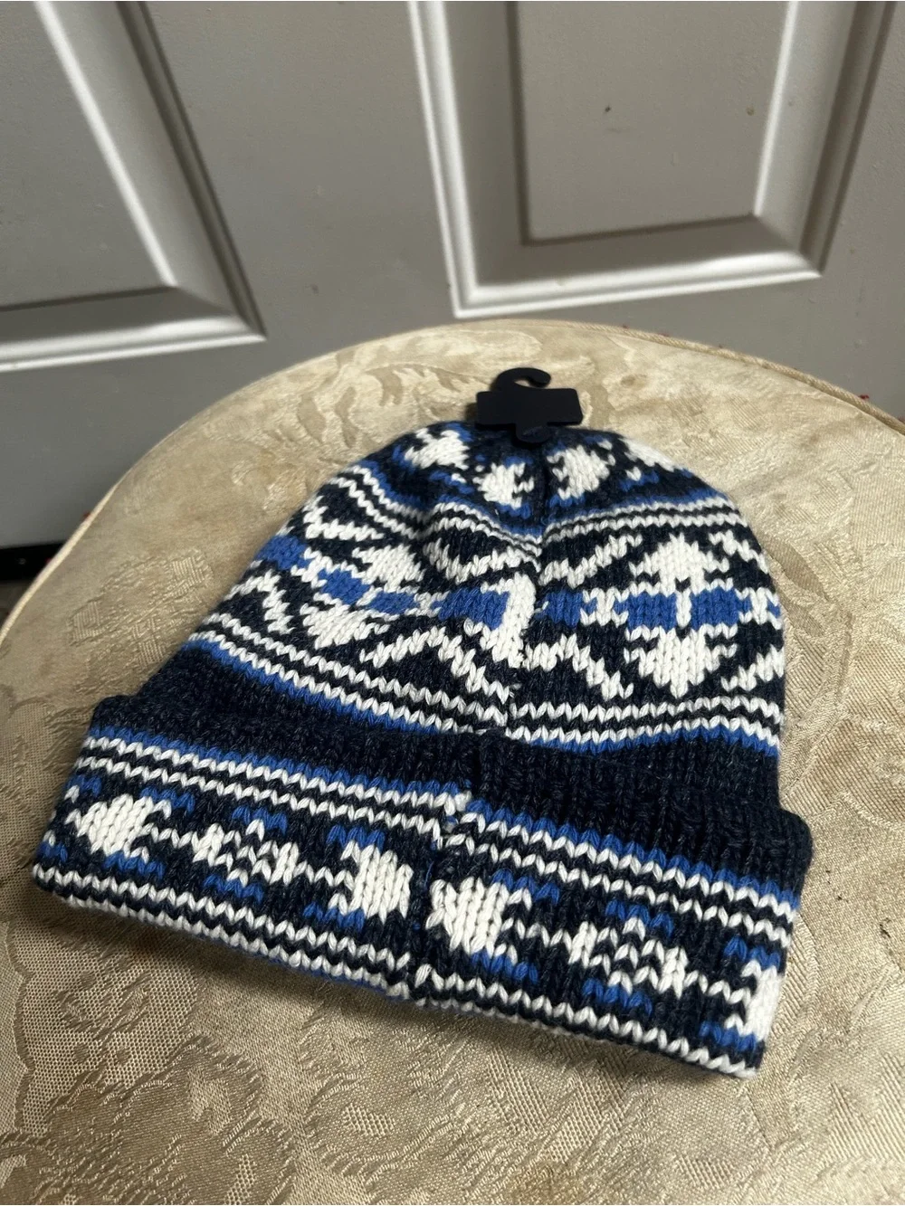 Polo by Ralph Lauren Fair Isle Wool Blend Blue, Black & White Knit Beanie